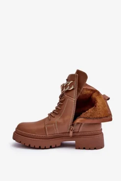 Skórzane Botki Workery Z Ozdobnym Paskiem Brązowe Enili