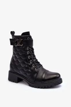 Skórzane Botki Workery Z Ozdobą Czarne Davo