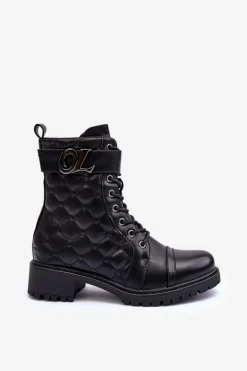 Skórzane Botki Workery Z Ozdobą Czarne Davo