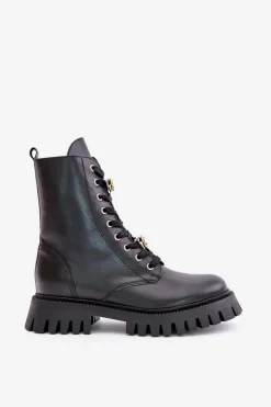 Skórzane Botki Workery Z Przypinkami Na Zamek CheBello 4553 Czarne