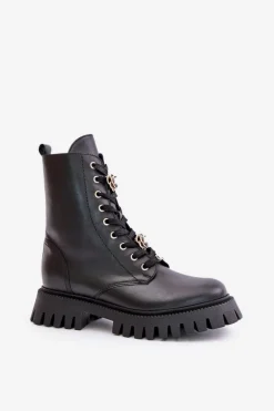 Skórzane Botki Workery Z Przypinkami Na Zamek CheBello 4553 Czarne