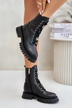Skórzane Botki Workery Z Przypinkami Na Zamek CheBello 4553 Czarne