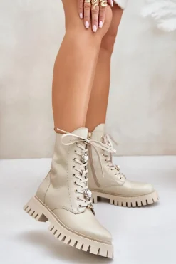 Skórzane Botki Workery Z Przypinkami Na Zamek CheBello 4553 Beżowe