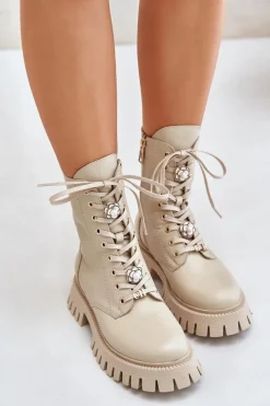 Skórzane Botki Workery Z Przypinkami Na Zamek CheBello 4553 Beżowe