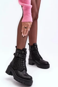 Skórzane Botki Workery Zdobione Dżetami GOE MM2N4041 Czarne