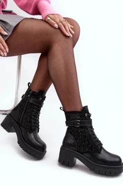 Skórzane Botki Workery Zdobione Dżetami GOE MM2N4041 Czarne