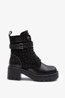 Skórzane Botki Workery Zdobione Dżetami GOE MM2N4041 Czarne