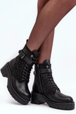 Skórzane Botki Workery Zdobione Dżetami GOE MM2N4041 Czarne