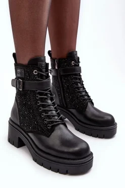 Skórzane Botki Workery Zdobione Dżetami GOE MM2N4041 Czarne