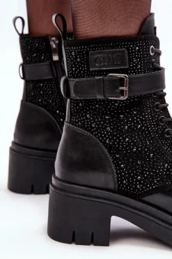 Skórzane Botki Workery Zdobione Dżetami GOE MM2N4041 Czarne