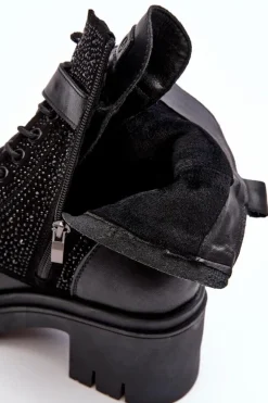 Skórzane Botki Workery Zdobione Dżetami GOE MM2N4041 Czarne