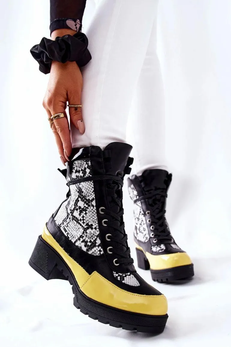 Skórzane Botki Wężowe Czarno-Żółte Meridiah