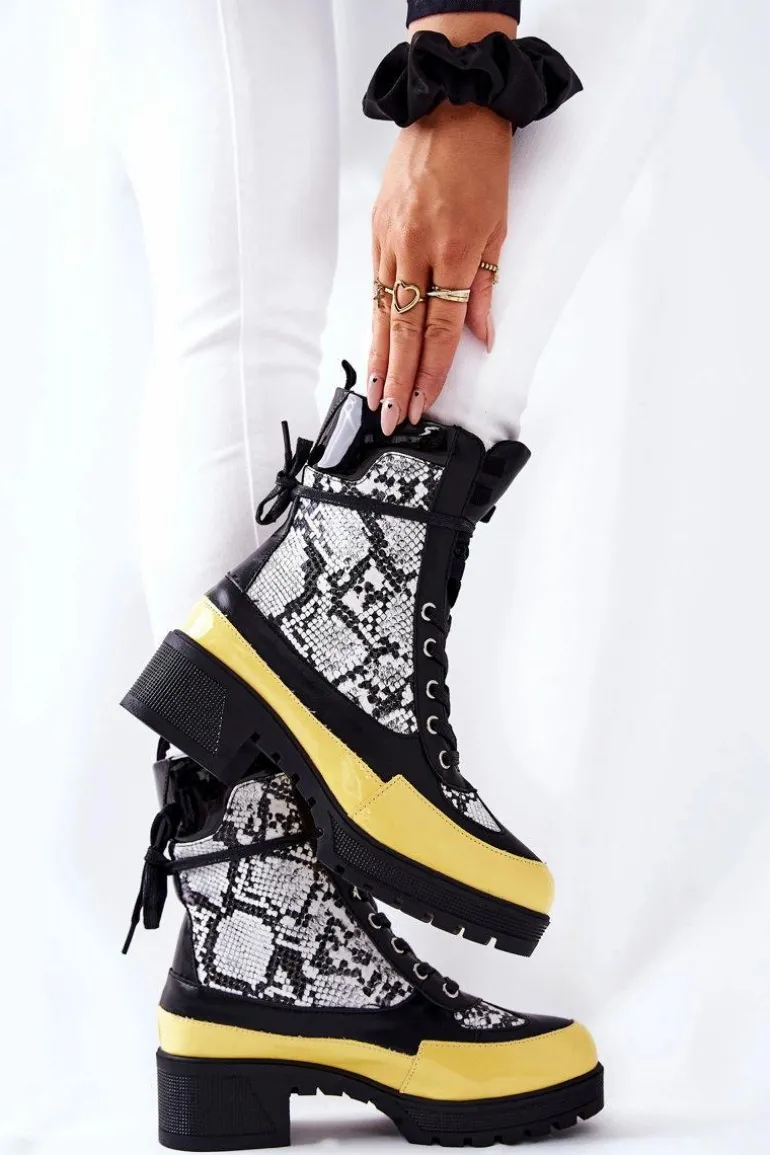 Skórzane Botki Wężowe Czarno-Żółte Meridiah