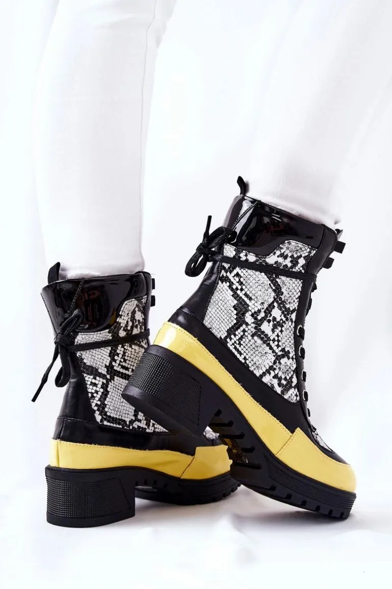 Skórzane Botki Wężowe Czarno-Żółte Meridiah
