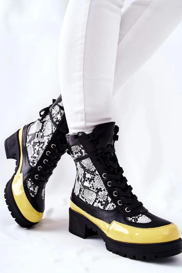 Skórzane Botki Wężowe Czarno-Żółte Meridiah