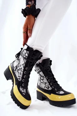 Skórzane Botki Wężowe Czarno-Żółte Meridiah