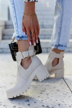 Skórzane Botki Wycięcie Pasek Beżowe Rosanne