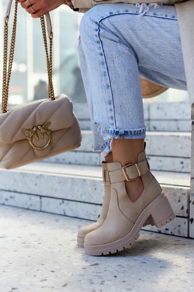 Skórzane Botki Wycięcie Pasek Ciemnobeżowe Rosanne