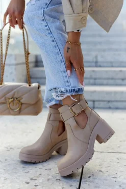 Skórzane Botki Wycięcie Pasek Ciemnobeżowe Rosanne