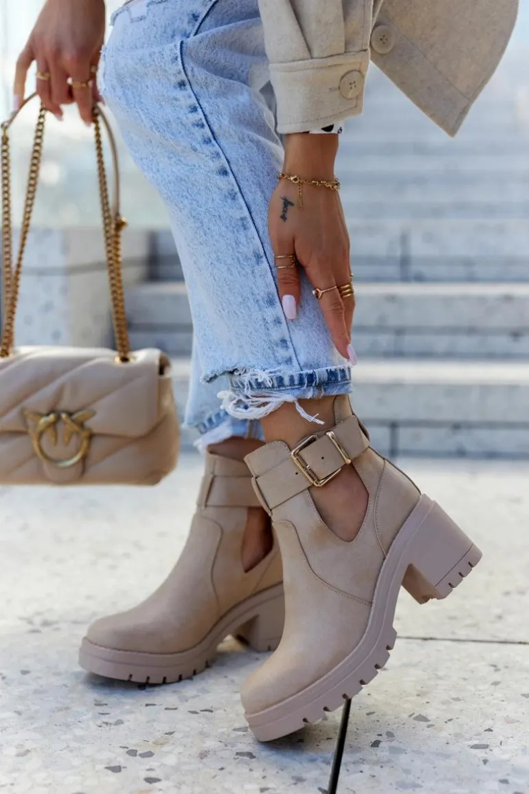 Skórzane Botki Wycięcie Pasek Ciemnobeżowe Rosanne