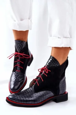 Skórzane Botki Wzór Aligatora Czarne Laorelia