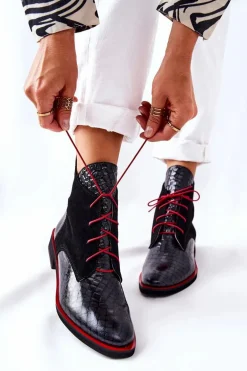 Skórzane Botki Wzór Aligatora Czarne Laorelia