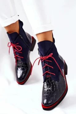 Skórzane Botki Wzór Aligatora Granatowe Bruselle