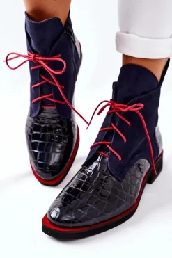 Skórzane Botki Wzór Aligatora Granatowe Bruselle