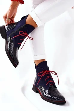 Skórzane Botki Wzór Aligatora Granatowe Bruselle