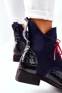 Skórzane Botki Wzór Aligatora Granatowe Bruselle