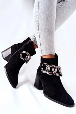 Skórzane Botki Z Łańcuchem Laura Messi Czarne 2345