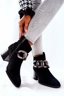 Skórzane Botki Z Łańcuchem Laura Messi Czarne 2345