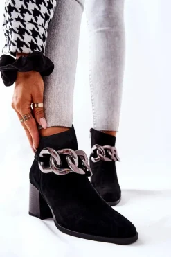 Skórzane Botki Z Łańcuchem Laura Messi Czarne 2345