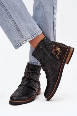 Skórzane Botki Z Ażurowym Wzorem Maciejka 05922-01 Czarne