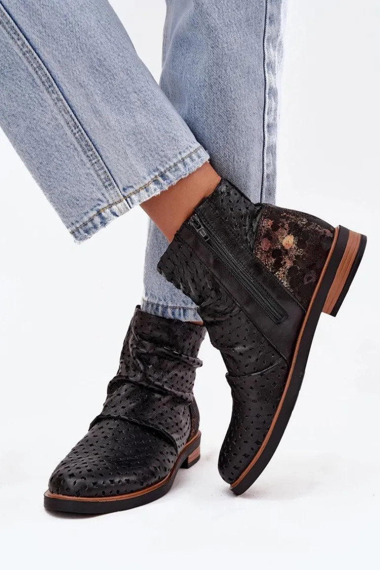 Skórzane Botki Z Ażurowym Wzorem Maciejka 05922-01 Czarne