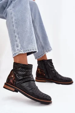 Skórzane Botki Z Ażurowym Wzorem Maciejka 05922-01 Czarne