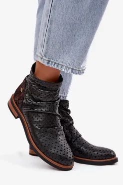Skórzane Botki Z Ażurowym Wzorem Maciejka 05922-01 Czarne