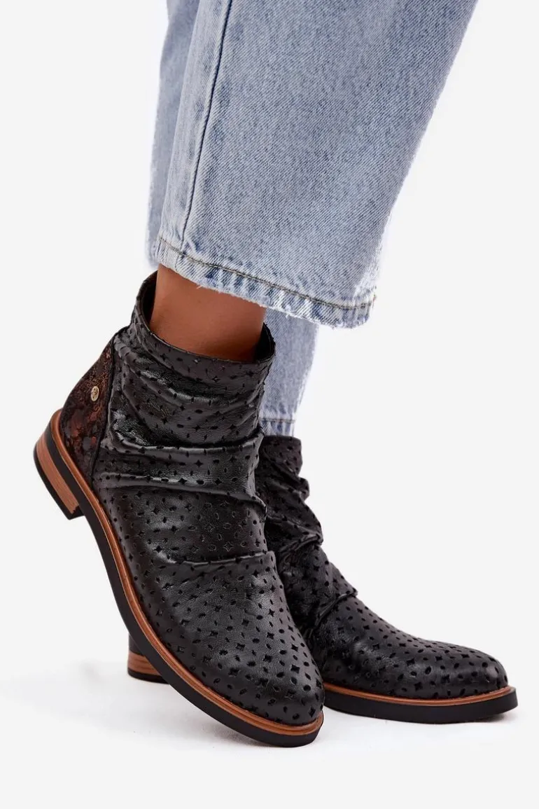 Skórzane Botki Z Ażurowym Wzorem Maciejka 05922-01 Czarne