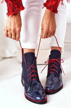 Skórzane Botki Z Krokodylim Wzorem Granatowe Cheyenne