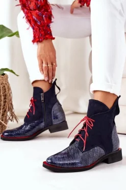 Skórzane Botki Z Krokodylim Wzorem Granatowe Cheyenne