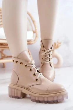 Skórzane Botki Z Masywną Podeszwą Beżowe Horizon