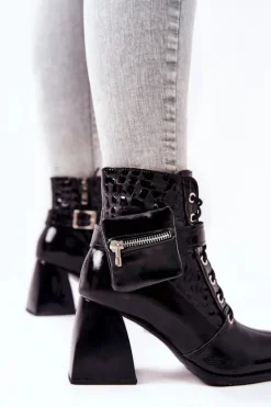 Skórzane Botki Z Nerką Czarne Cannie