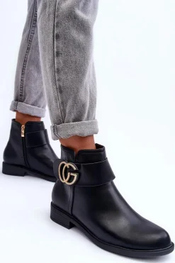 Skórzane Botki Z Ozdobą Czarne Galos