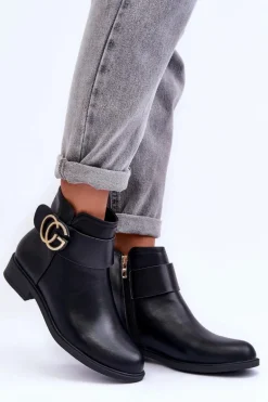Skórzane Botki Z Ozdobą Czarne Galos