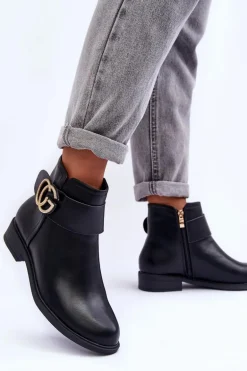 Skórzane Botki Z Ozdobą Czarne Galos