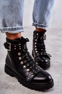 Skórzane Botki Z Ozdobnym Paskiem Czarne Sabine