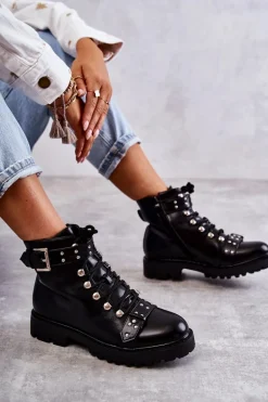 Skórzane Botki Z Ozdobnym Paskiem Czarne Sabine