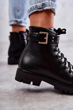 Skórzane Botki Z Ozdobnym Paskiem Czarne Sabine