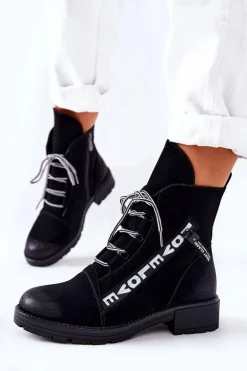 Skórzane Botki Z Ozdobnym Suwakiem Czarne Lomissa