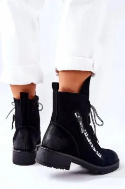 Skórzane Botki Z Ozdobnym Suwakiem Czarne Lomissa